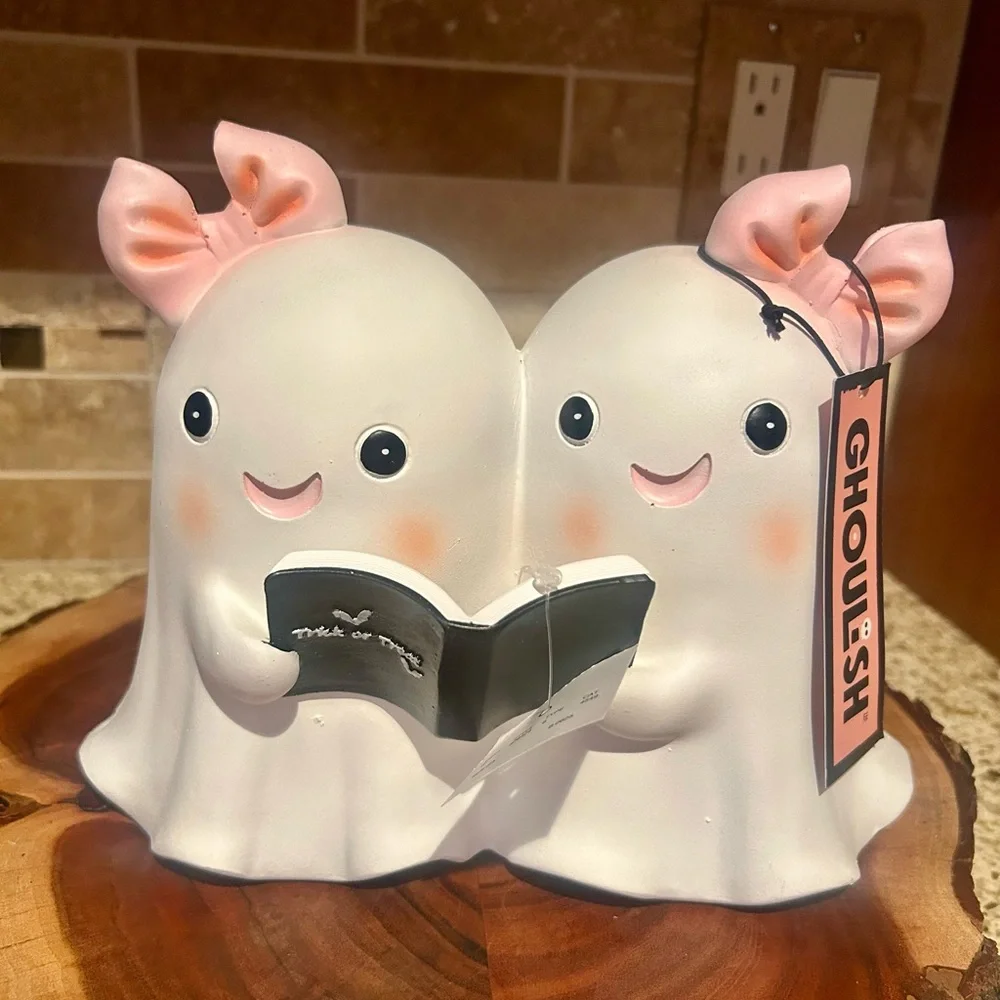 Ghost Twin Girls with Pink Bow Trick or Treat Book Ghost Halloween Decor